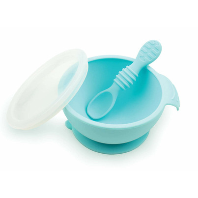 Bumkins Silicone First Feeding Set With Lid And Spoon Blue