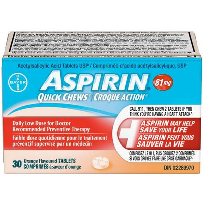 Aspirin 81mg Quick Chews Daily Low Dose Orange Flavour