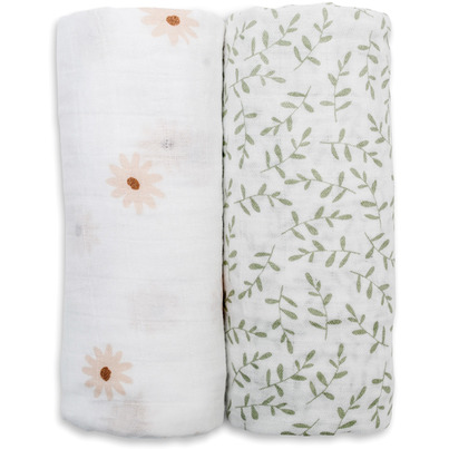 Lulujo Cotton Muslin Swaddles Daisies + Greenery