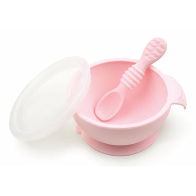 Bumkins Silicone First Feeding Set With Lid & Spoon Pink