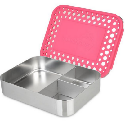LunchBots Large Trio Stainless Steel 3 Compartment Bento Box Pink Lid
