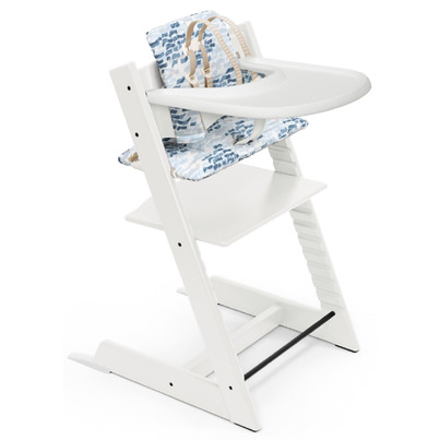 Stokke Tripp Trapp Highchair White With Waves Blue Cushion & Stokke Tray