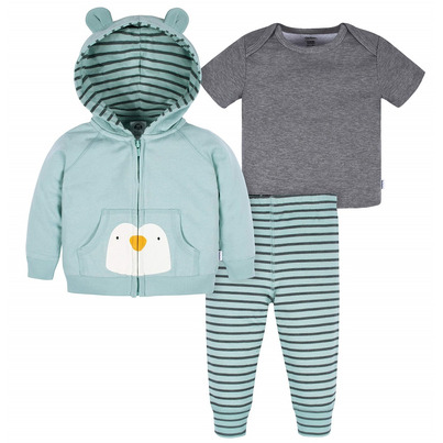 Gerber Childrenswear Baby Hoodie, Top & Pant Set Penguin