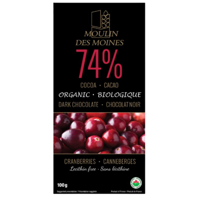 Moulin Des Moines Organic Dark Chocolate Bar (74%) With Cranberries