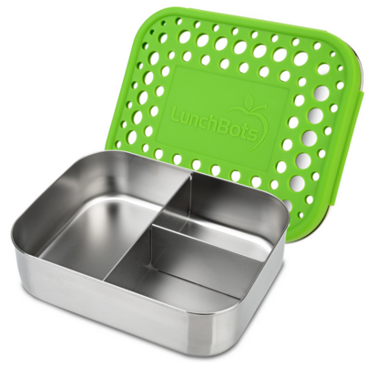 Lunchbots Medium Stainless Steel Trio Bento Box Green Dots