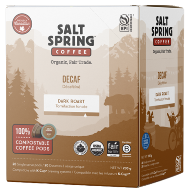 Salt Spring Coffee Decaf 100% Compostable Dark Roast Coffee Pods