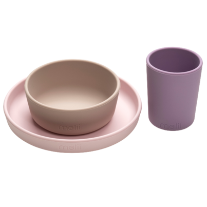 Melii Silicone Feeding Set  Pink, Grey & Purple