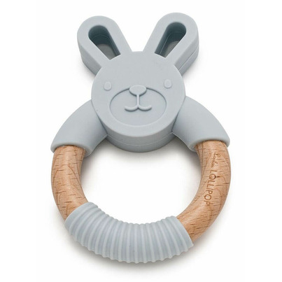 Loulou Lollipop Bunny Silicone And Wood Teething Ring Light Grey