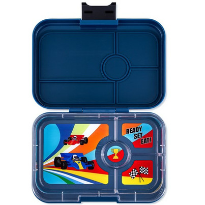 Yumbox Tapas 4 Compartment Monte Carlo Blue With Race Cars Tray