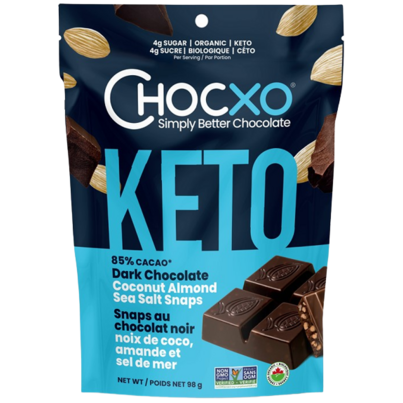 ChocXO ChocKETO Snaps Dark Chocolate, Coconut & Almonds + Sea Salt