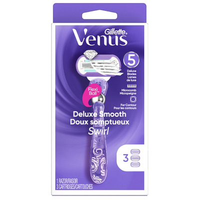 Gillette Venus Deluxe Smooth Swirl Women's Razor Handle + 3 Blade Refills