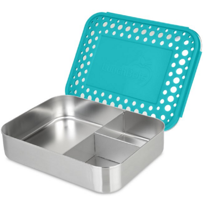 LunchBots Large Trio Stainless Steel 3 Compartment Bento Box Aqua Lid