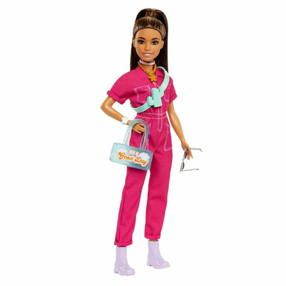 Barbie Doll In Trendy Pink Jumpsuit With Accessories & Pet Puppy