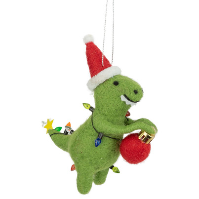 Silver Tree Felt Dinosaur Ornament with Santa Hat and Lights
