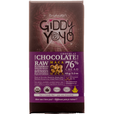 Giddy Yoyo Organic Raw Maca 76% Dark Chocolate Bar