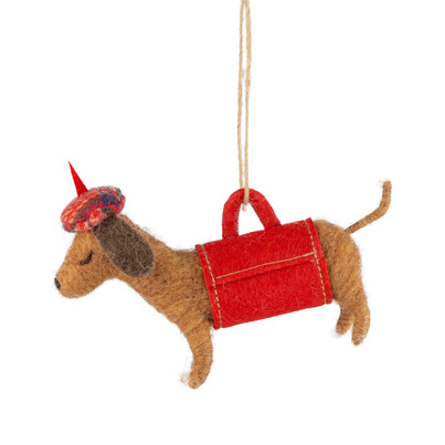 Silver Tree Felt Dachshund Ornament in Carrying Suit with Beret